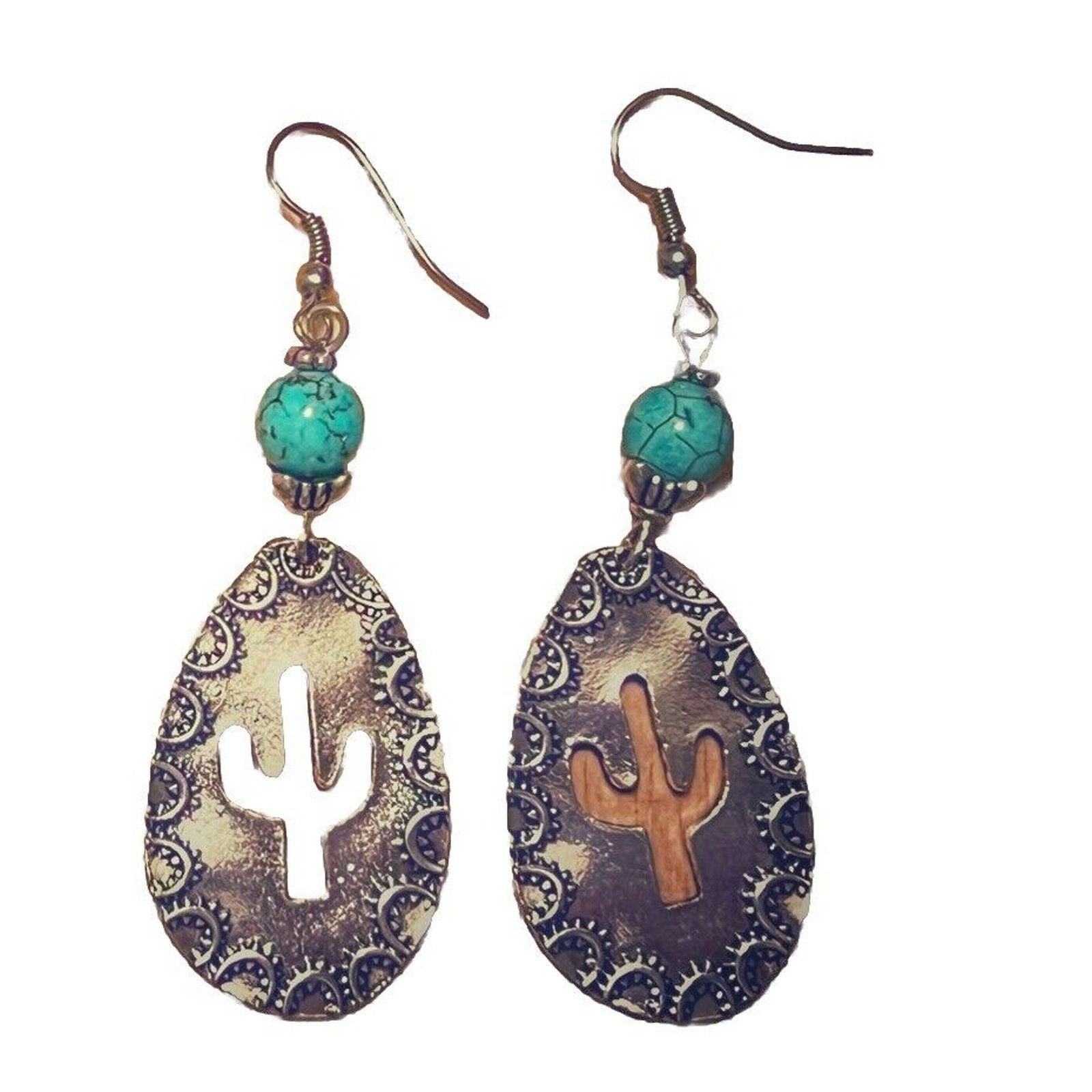Other Silver Tone Earring with Turquoise Bead Teardrop with Cactus Size ONE SIZE - 1 Thumbnail