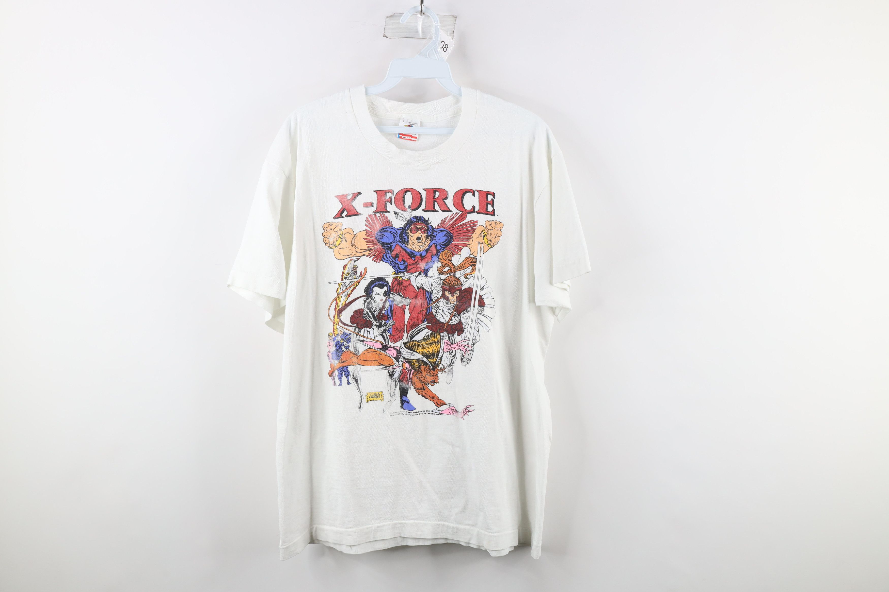 image of Vintage 90's Distressed Marvel Comics X Force Sleeve T-Shirt in White, Men's (Size Large)