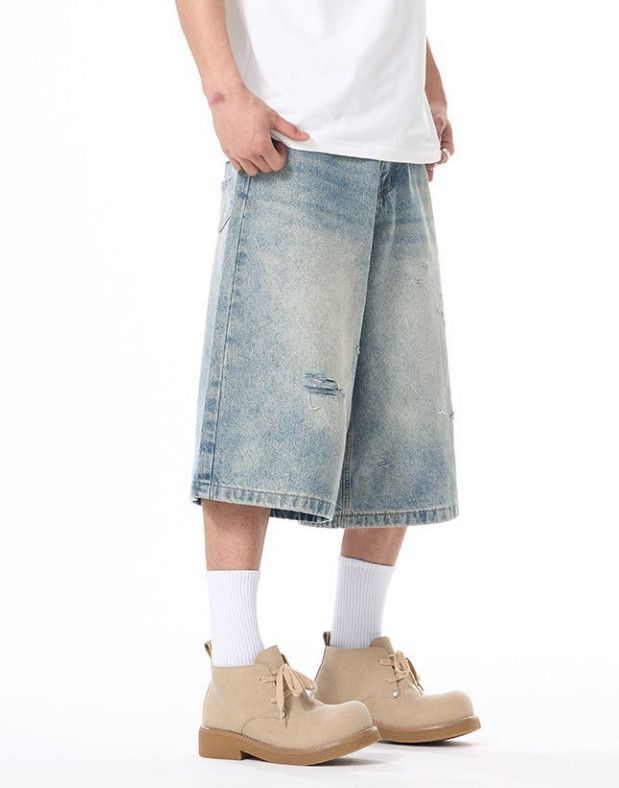 Japanese Brand American ripped men's loose straight-leg baby denim shorts Size US 32 / EU 48 - 3 Thumbnail