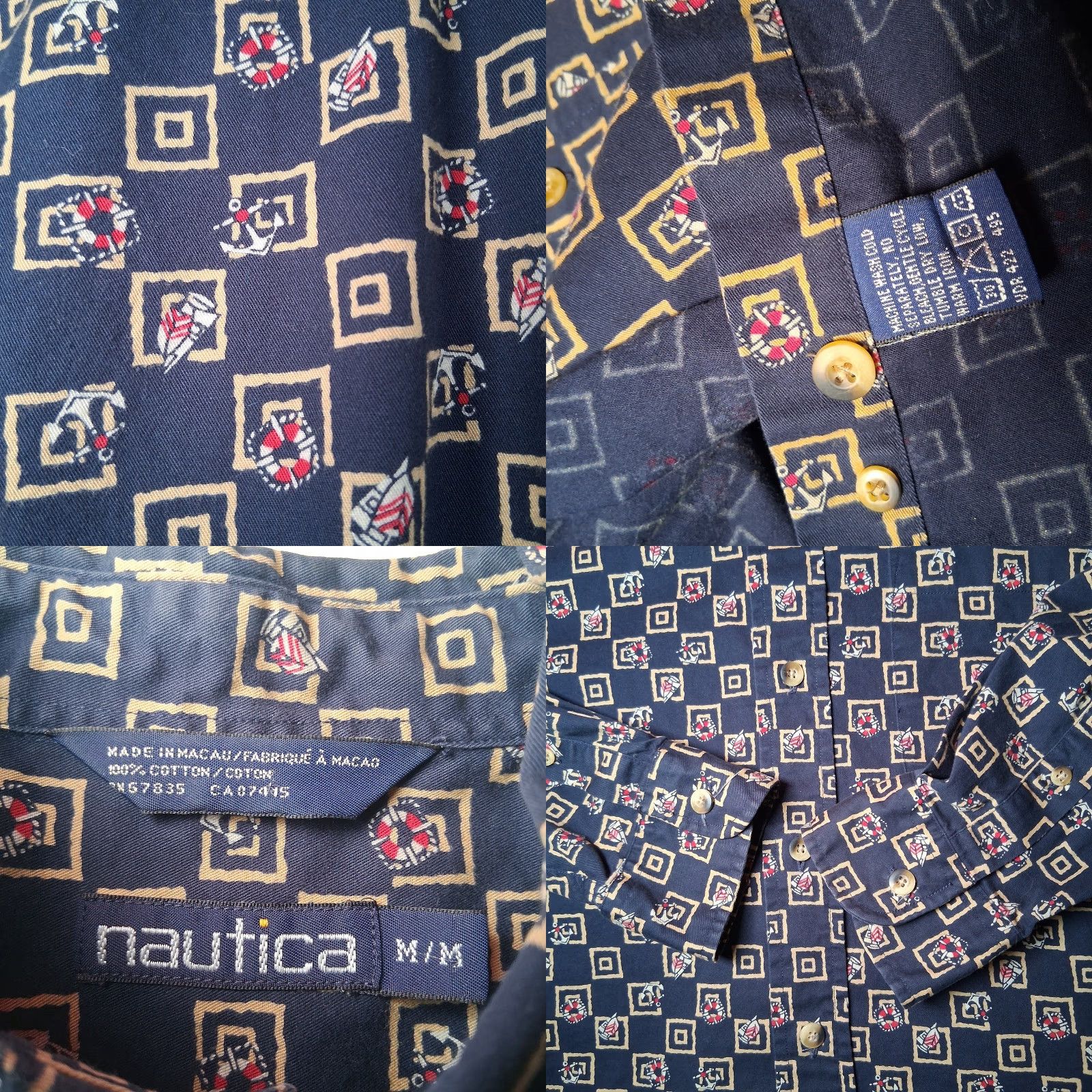 Nautica VINTAGE Nautica Button-Down Shirt Geometric Pattern, Blue, Cotton, Long Sleeve, Mens M, 1990s, Nautical Sailboat Theme Size US M / EU 48-50 / 2 - 8 Thumbnail