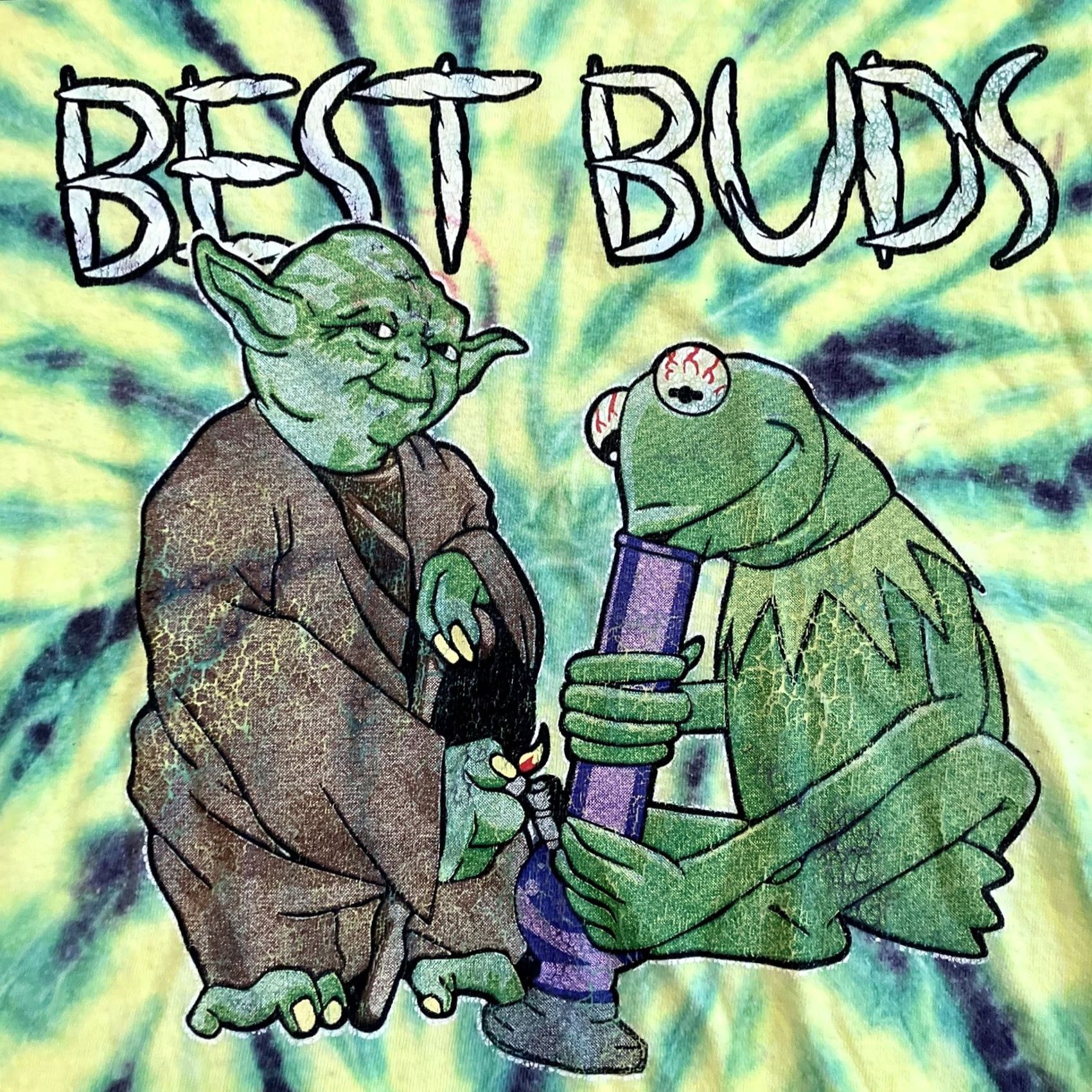 Gildan Awesome - Best Buds - Yoda & Kermit - Bong - Weed - Spiral Tie Dye T Shirt - Sml - Gildan - Unisex - S - Green - Short Sleeve - Cotton Size US S / EU 44-46 / 1 - 2 Thumbnail