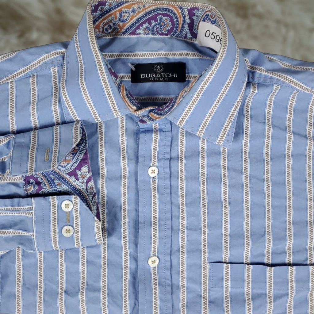 BUGATCHI Bugatchi Uomo Shirt Mens Large Blue Striped Button-Up Long Sleeve Cotton Woven Dress Shirt Mens Size US L / EU 52-54 / 3 - 1 Thumbnail