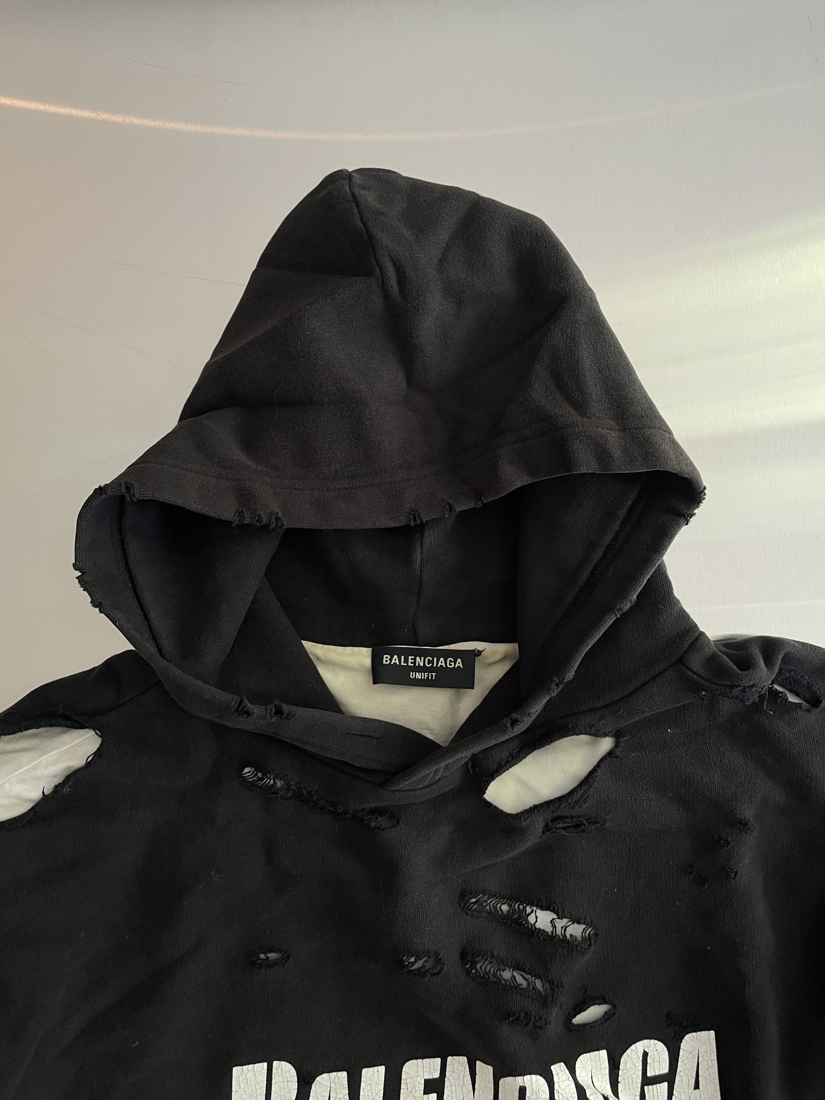 Balenciaga Balenciaga Distressed Caps Hoodie in Black &white underlayer Size US S / EU 44-46 / 1 - 3 Thumbnail