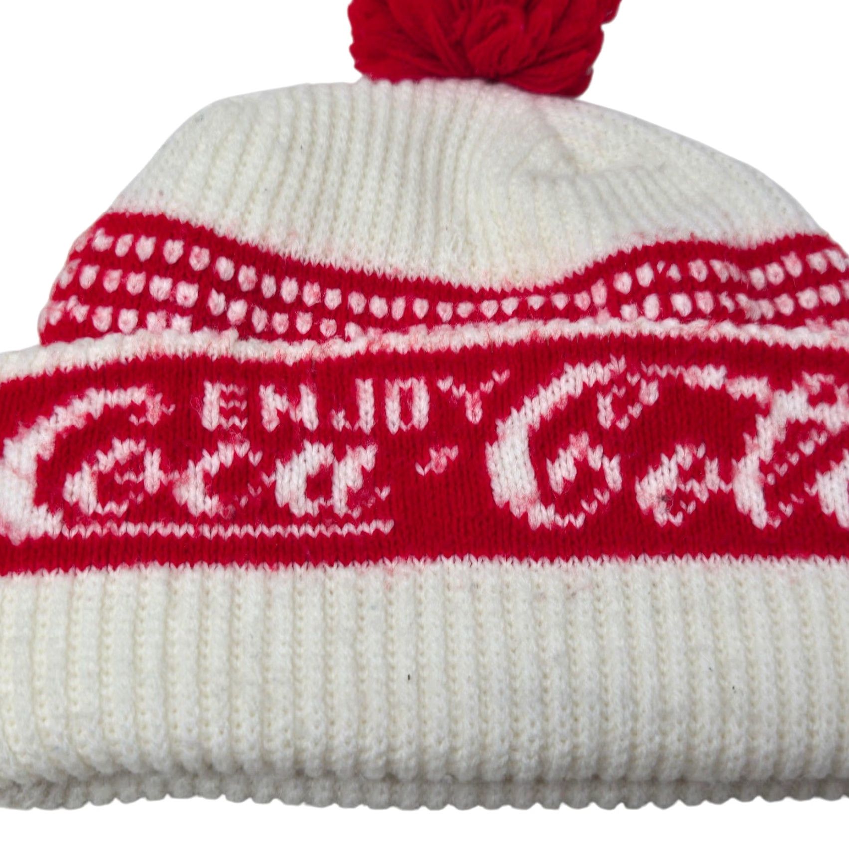 Vintage VINTAGE Coca Cola Beanie Hat Cap White & Red Knit Pom Pom Beanie Coca Cola Style Stretch Fit One Size Adults Womens Mens Girls Boys 1990s Size ONE SIZE - 2 Thumbnail