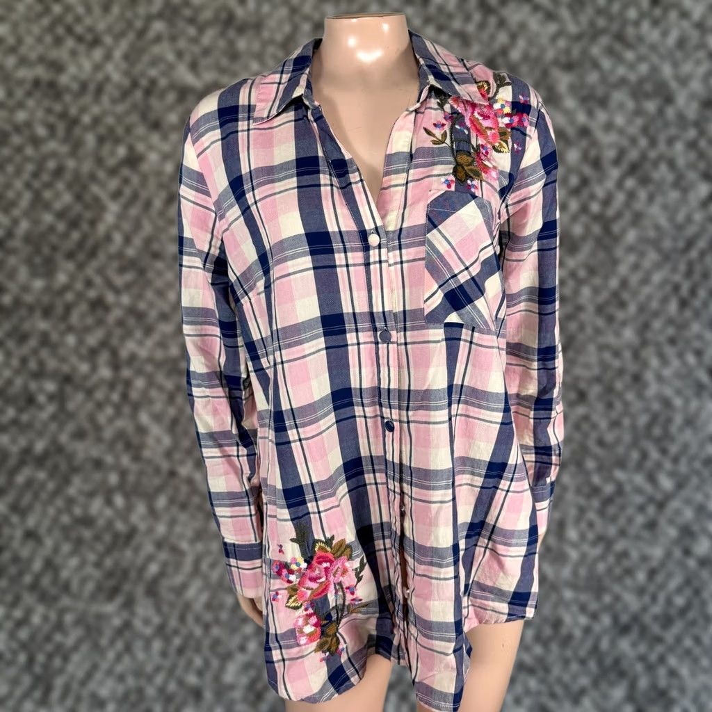 Soft Surroundings Soft Surroundings Button Women's Shirt M Floral Bohemian Embroidered Plaid N26 Size M / US 6-8 / IT 42-44 - 1 Thumbnail