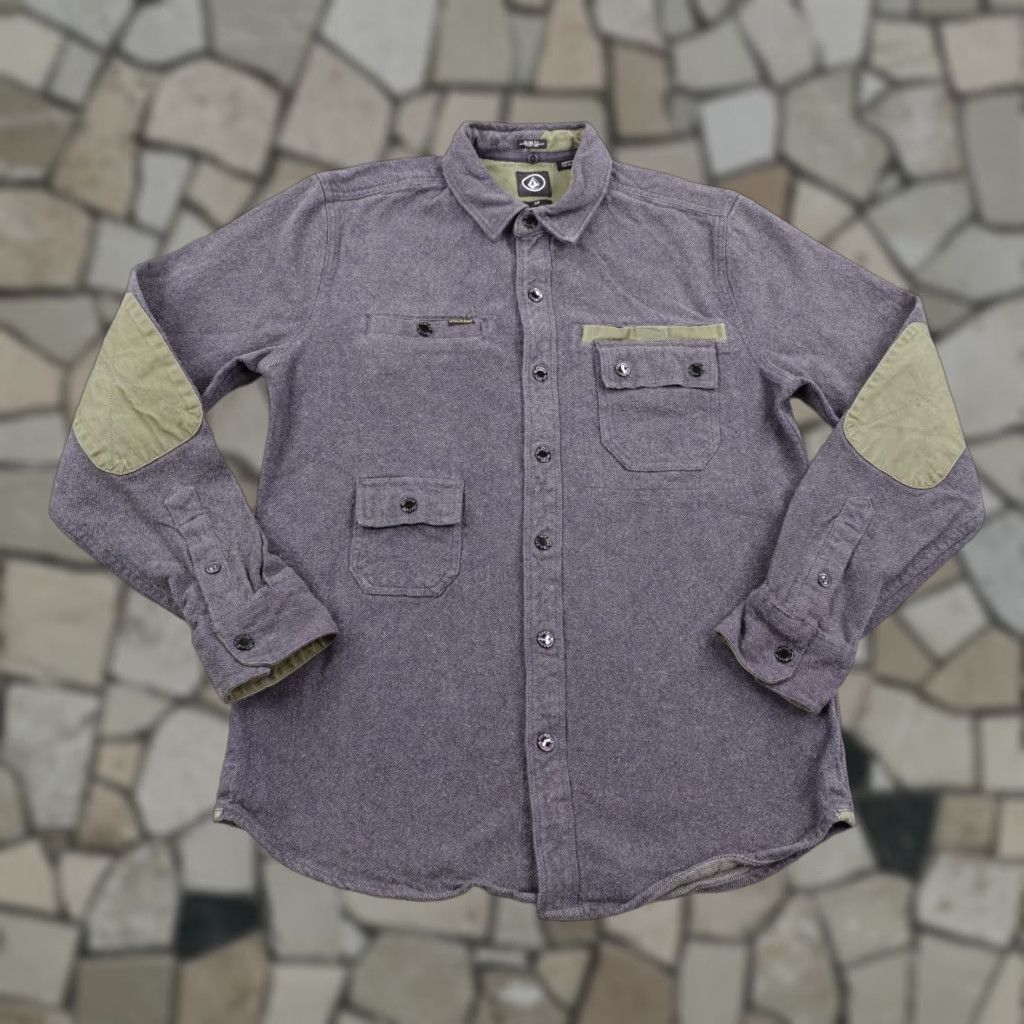Volcom VINTAGE Volcom Jacket Mens Small Gray Delroy Flannel Shacket Elbow Patches Field Snap Up Slim Mid-Length Outdoors Mens Size US S / EU 44-46 / 1 - 1 Thumbnail