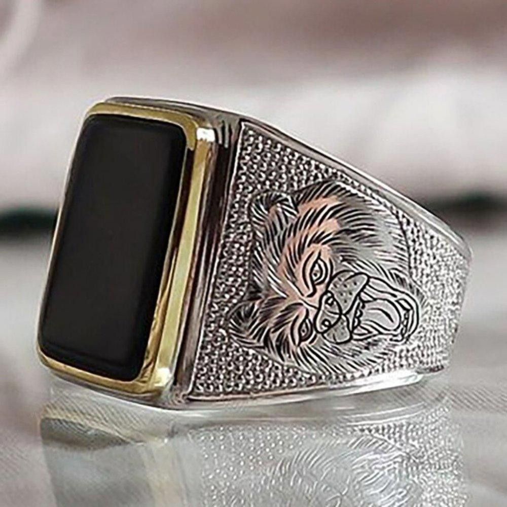 Designer Men's Retro Lion Black Square Onyx Silver Ring - Size 9 Size ONE SIZE - 3 Thumbnail