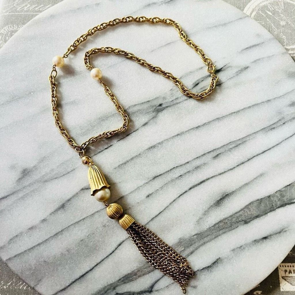 Vintage Vintage Tassel Chain Necklace Faux Pearl Beads Gold Size ONE SIZE - 1 Thumbnail