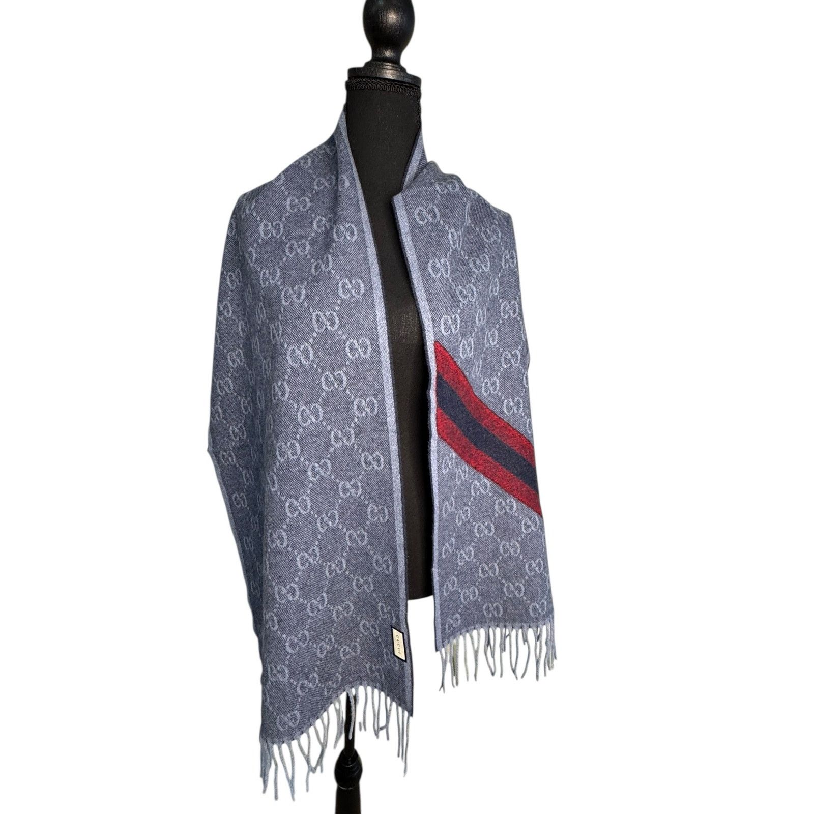 Gucci Gucci Nikky Wool GG Monogram Web Stripe Scarf Midnight Blue Size ONE SIZE - 11 Thumbnail