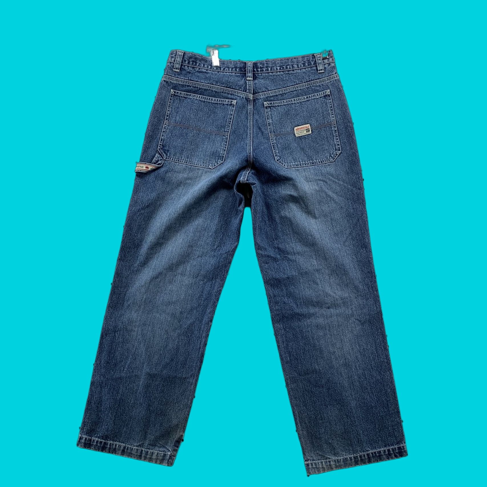 Vintage VINTAGE Aeropostale Baggy Wide Leg Denim Jeans Men M Drawstring 35x30.5 Blue Cotton Denim 5-Pocket Design Inseam 31 Straight Winter Fall Spring Mens Size US 31 - 1 Thumbnail