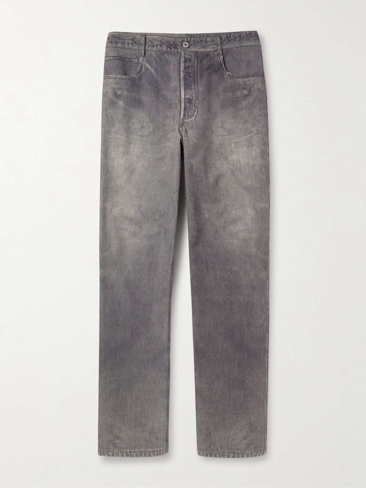 $7.3K VALUE Leather Printed Denim Pants in Grey