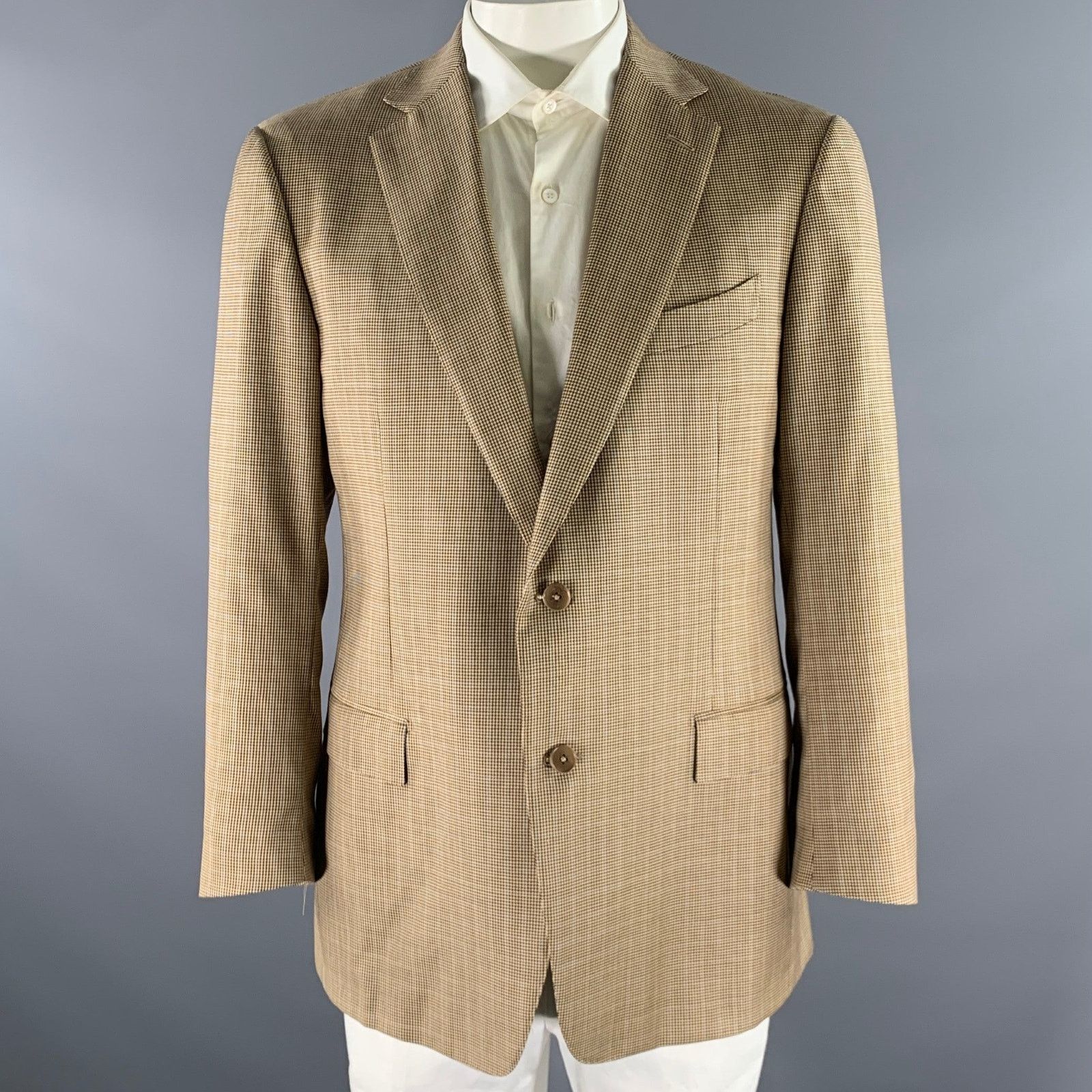Ermenegildo Zegna ERMENEGILDO ZEGNA 46 Brown Khaki Houndstooth Wool Sport Coat Size 46R - 1 Thumbnail
