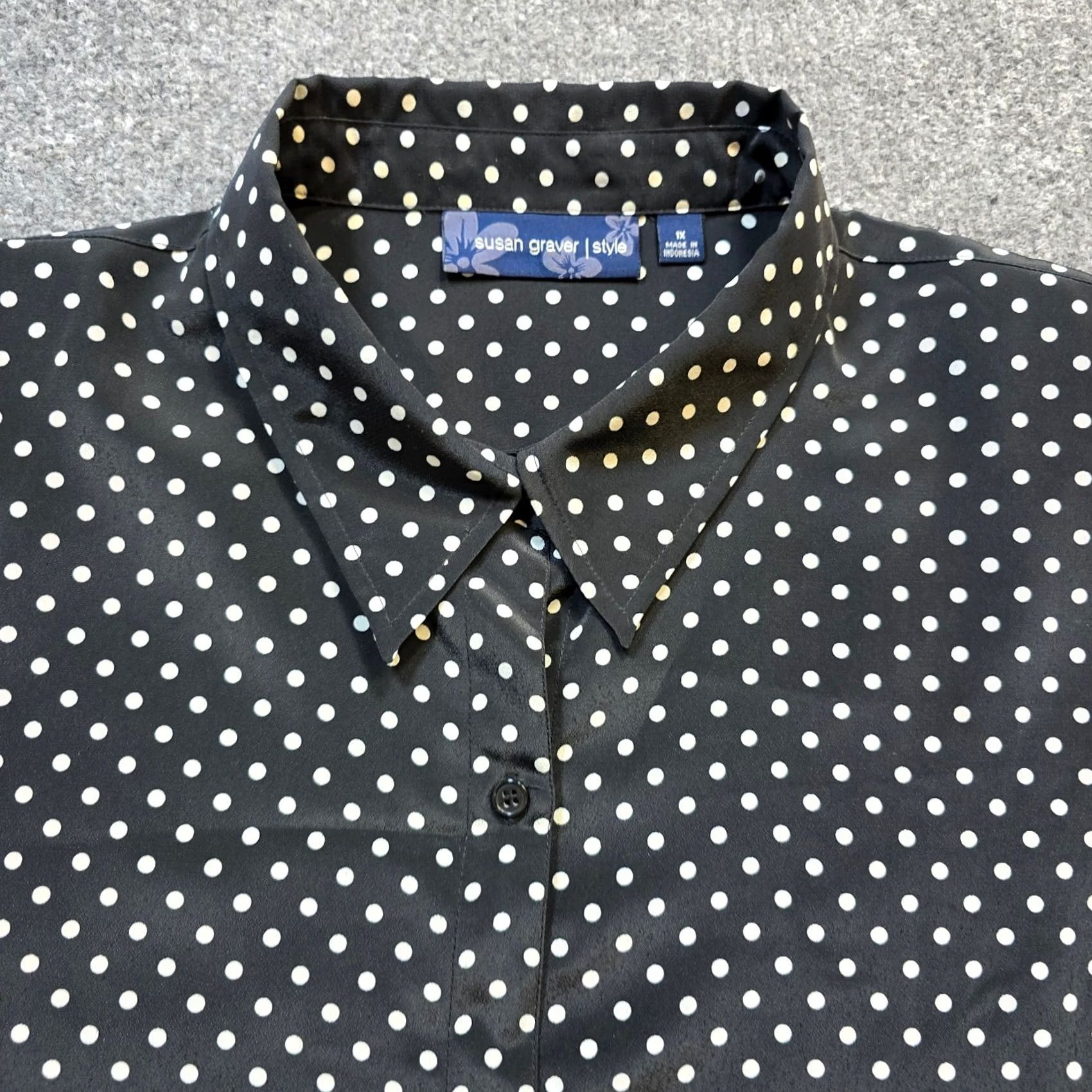 Vintage Susan Graver Top Womens 1X Black White Polka Dot 3/4 Sleeve Blouse Size XL / US 12-14 / IT 48-50 - 2 Thumbnail