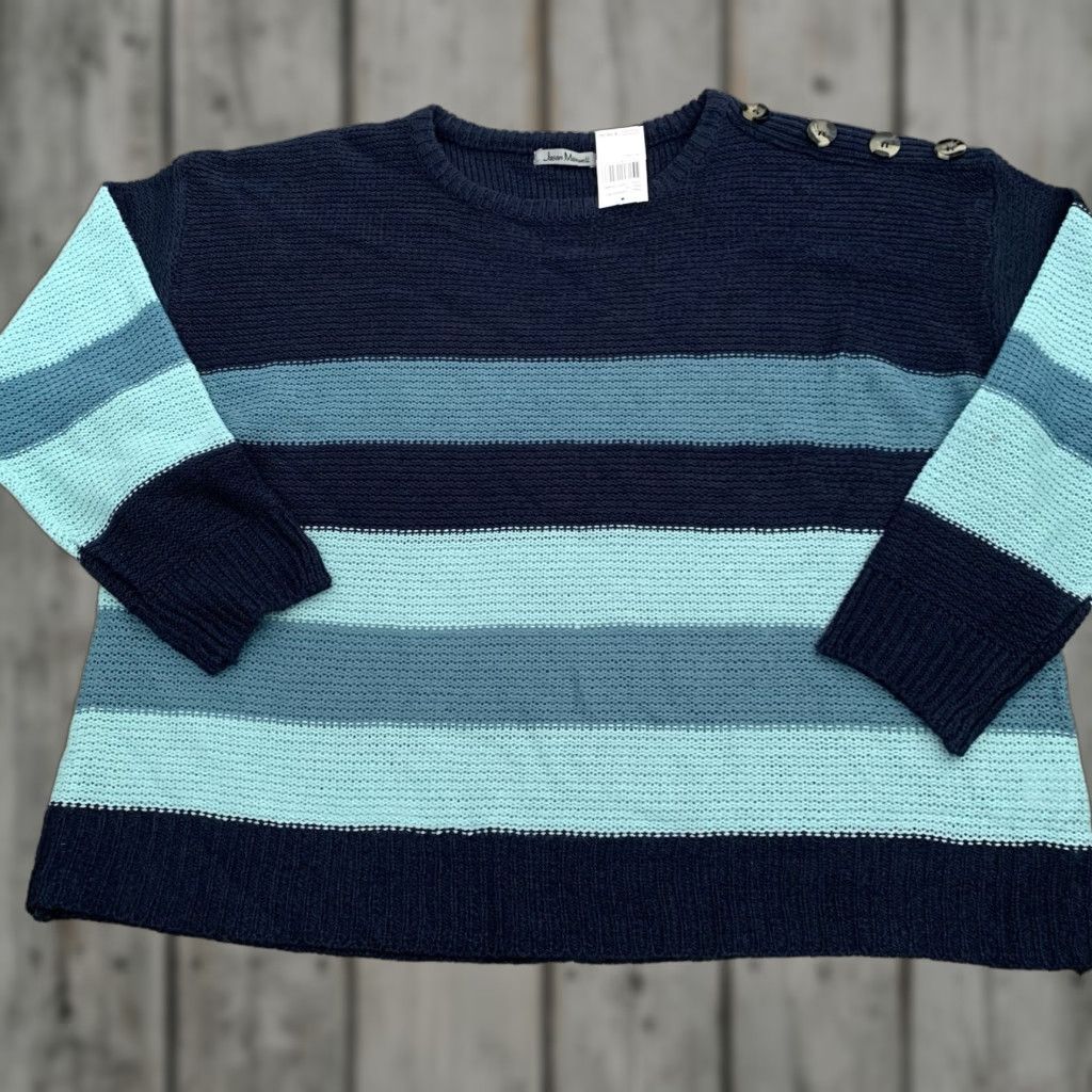 Vintage Jason Maxwell Knit Sweater Womens Plus Sz 3X Blue Striped Button Detail NEW Size XXL / US 16-18 / IT 52-54 - 1 Thumbnail
