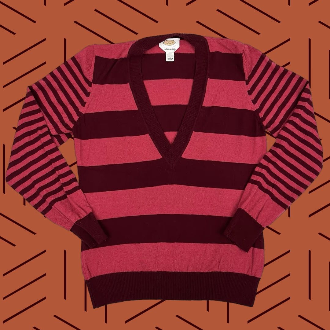 Talbots Talbots Sweater Womens Large Red Striped Merino Wool V-Neck Pullover Academia Size L / US 10 / IT 46 - 1 Thumbnail