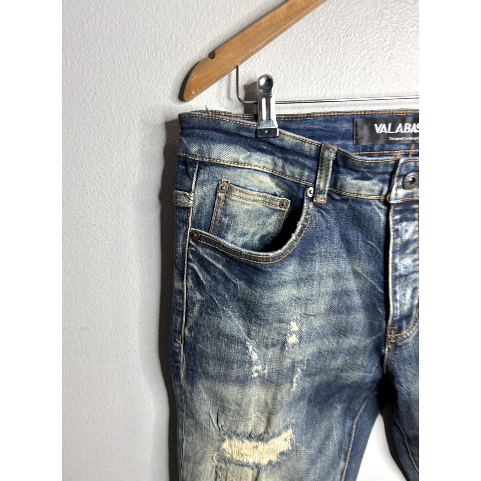 Denime VALABASAS Jeans Mens 32x32 Blue Medium Wash Distressed Skinny Stretch Denim Size US 32 / EU 48 - 2 Thumbnail