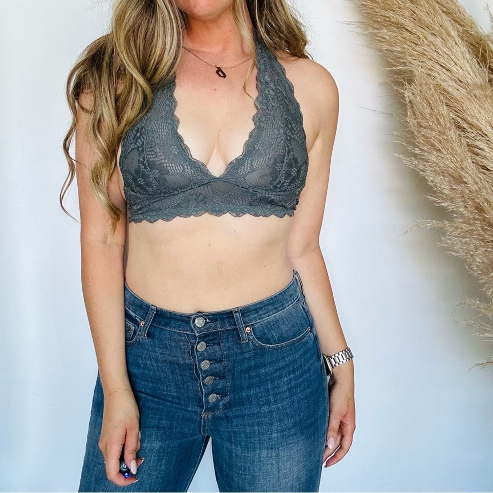 Free People FP FREE PEOPLE Grey Lace Halter Tank Sheer Bra Bralette Size S / US 4 / IT 40 - 3 Thumbnail