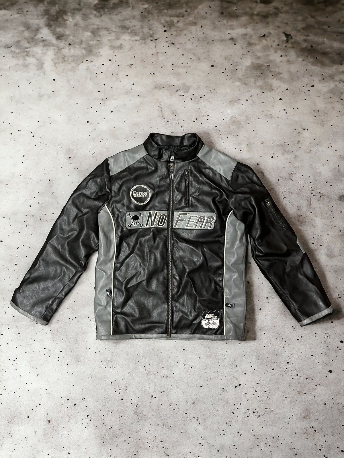 image of Vintage No Fear Leather Racing Jacket in Grey, Men's (Size Medium)