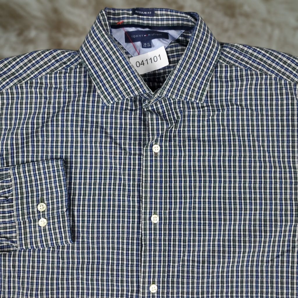 Tommy Hilfiger VINTAGE Tommy Hilfiger Shirt Mens 15.5 Blue Plaid Dress Button Up Long Sleeve None Size 40R - 1 Thumbnail