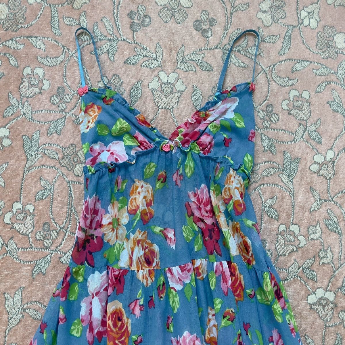 Betsey Johnson × Vintage Vintage Betsey Johnson Blue Floral Mesh Sheer Slip Dress (S) Size S / US 4 / IT 40 - 10 Thumbnail