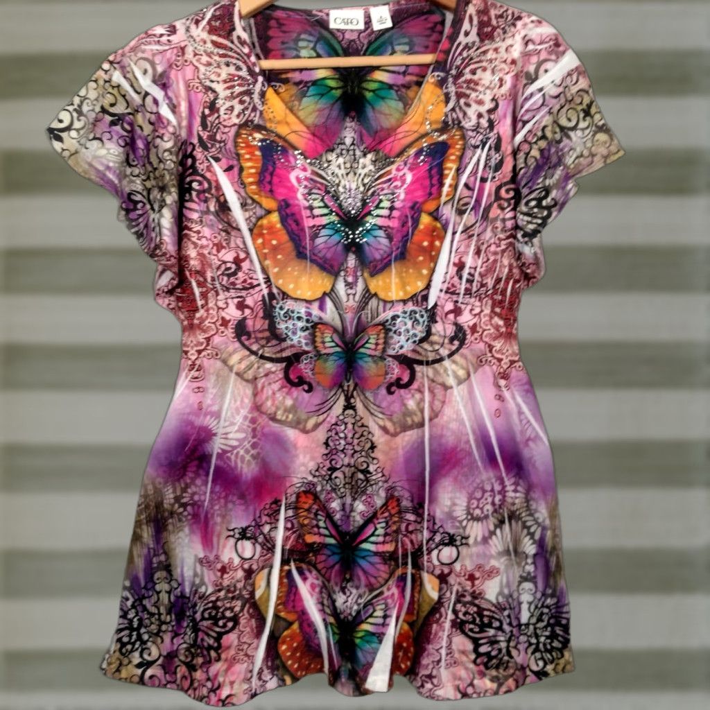 Vintage VINTAGE Cato Butterfly Shirt M Purple Tie Dye Flutter Sleeve V-Neck Rhinestones Graphic Cato Women Shirt Size M / US 6-8 / IT 42-44 - 1 Thumbnail