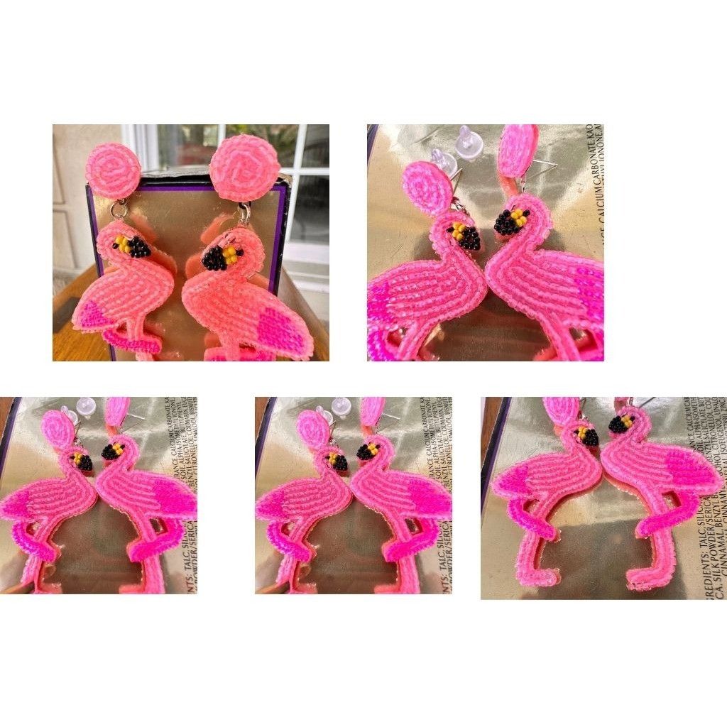 Handmade Flamingo Earrings Beaded Dangle Posts Pink Statement Jewelry Size ONE SIZE - 11 Thumbnail