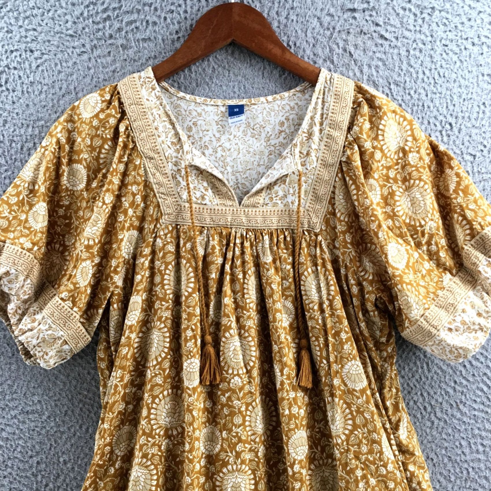 Old Navy Old Navy Dress Womens XS Mustard Floral Short Puff Sleeve Boho Peasant Tassel Size 26" / US 2 / IT 38 - 2 Thumbnail