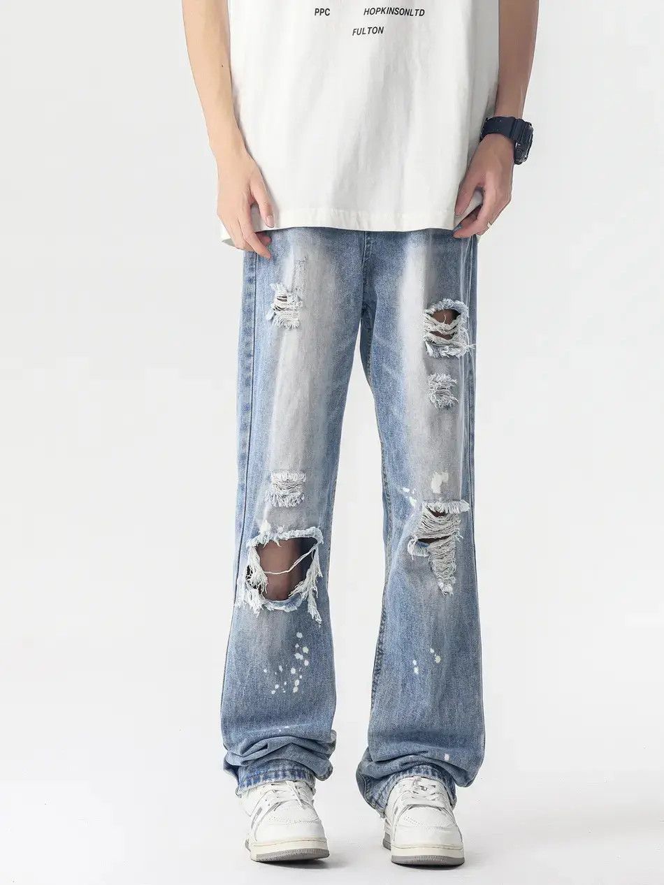 Japanese Brand Retro loose splashed ink straight leg ripped jeans Size US 32 / EU 48 - 1 Thumbnail