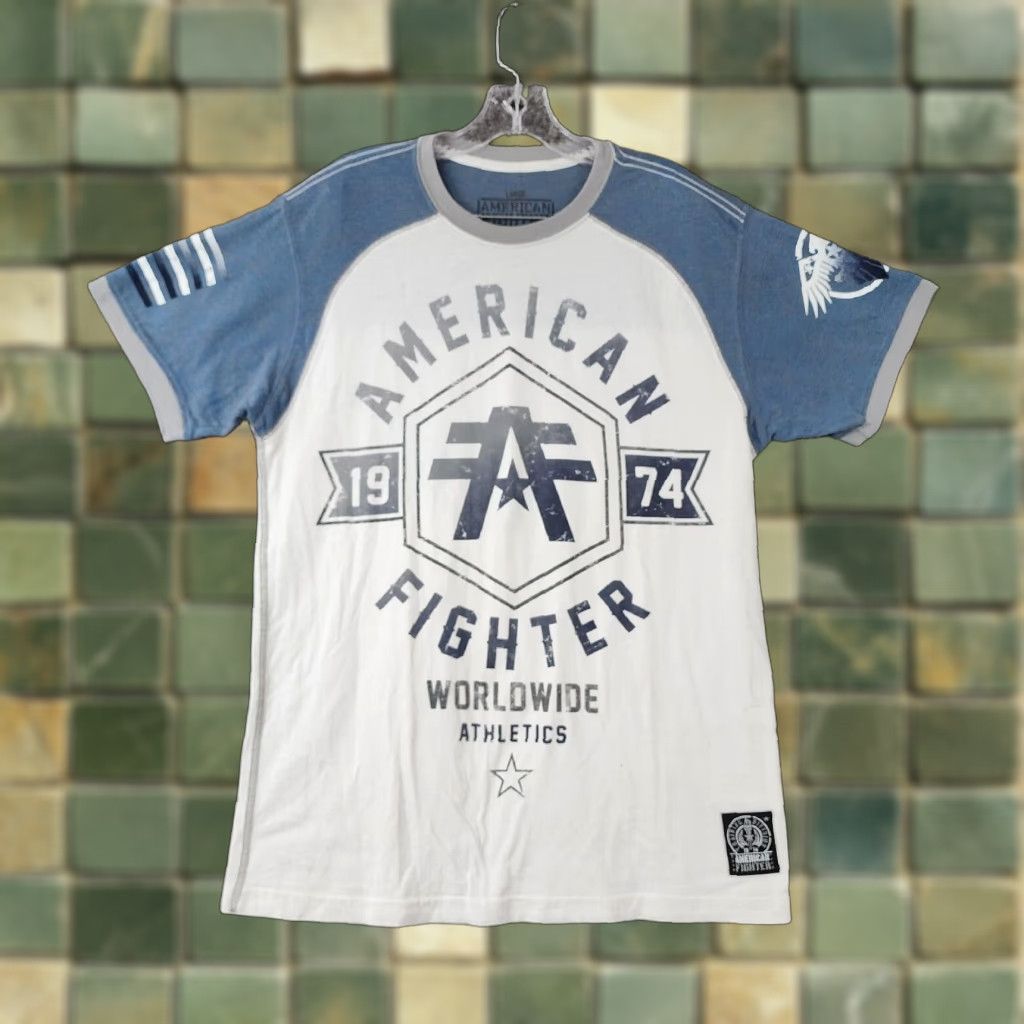 Vintage AMERICAN FIGHTER Graphic Tee Short Sleeve Adult Large White Blue Mens Size US 33 - 1 Thumbnail