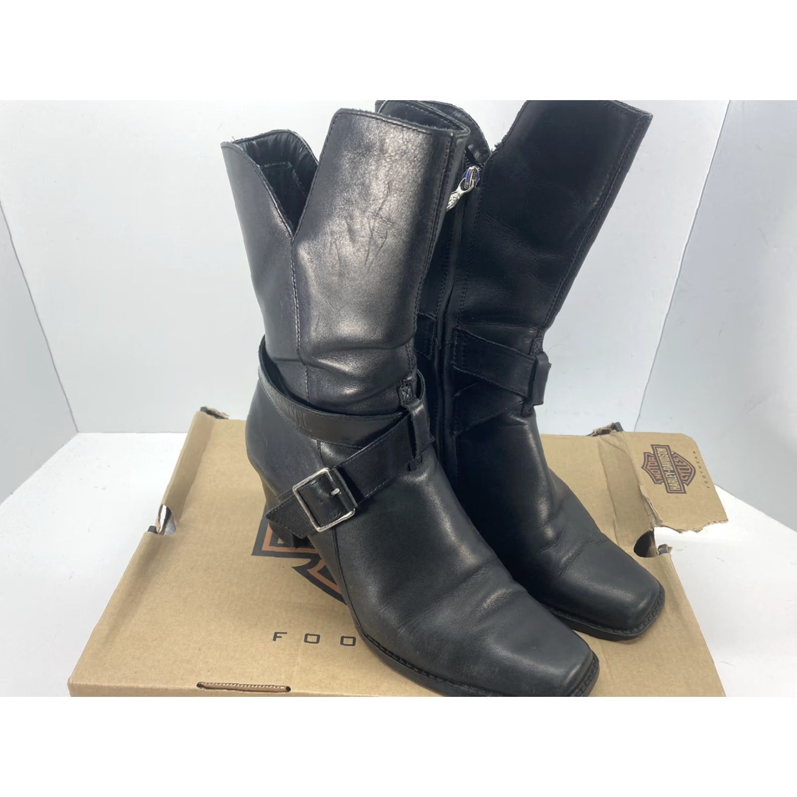 Harley Davidson Harley Davidson Boots Simone Motorcycle Leather Mid Calf Zip Womens 8 Black Square Toe Straps Mid-Calf Heel High Block Street Casual Shoes Size US 6 / IT 36 - 2 Thumbnail