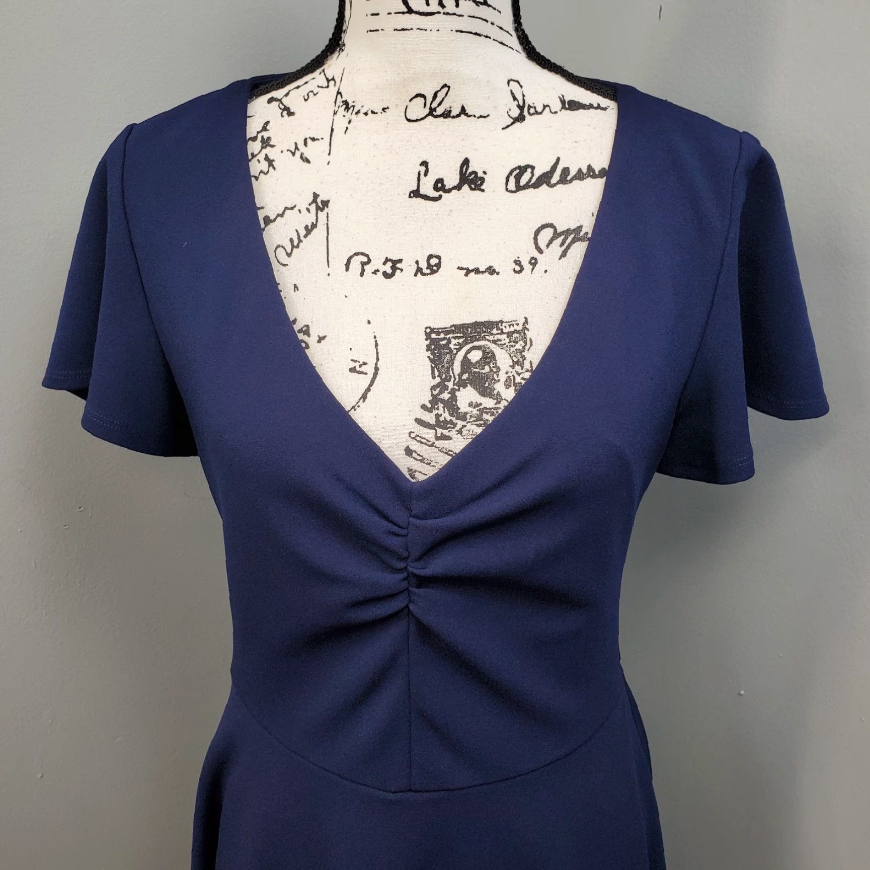 Vintage B. Darlin Womens Navy Cap Sleeve Mini Dress 13/14 Lined Back Zip V-Neck Short Dress Size XL / US 12-14 / IT 48-50 - 3 Thumbnail