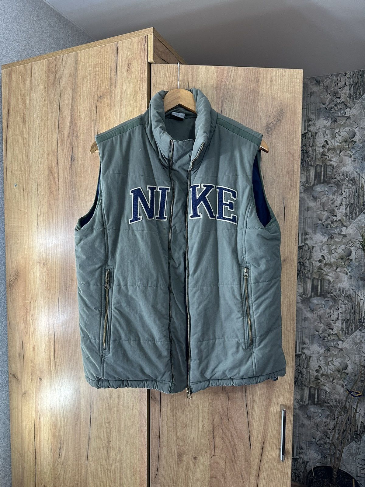 image of Y2K Nike Big Logo Down Puffer Vest in Green, Men's (Size Small)