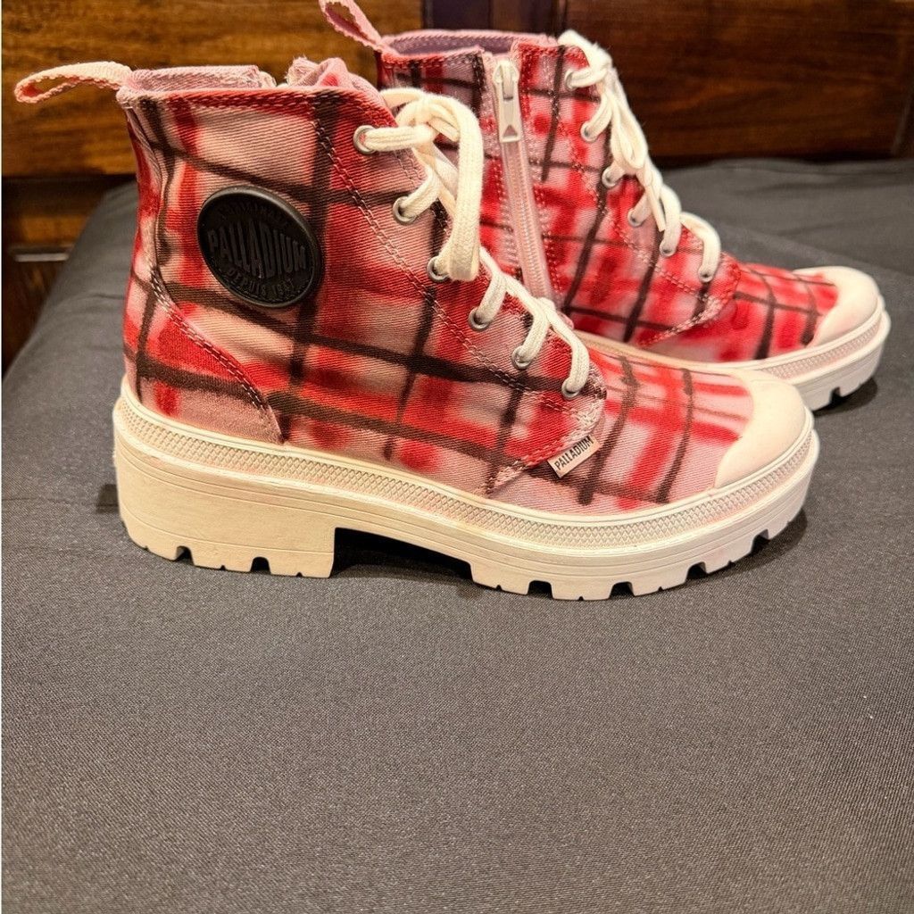 Palladium Palladium Plaid Combat Boots Red Pink Black HighTop Side Zip Size US 8 / IT 38 - 2 Thumbnail