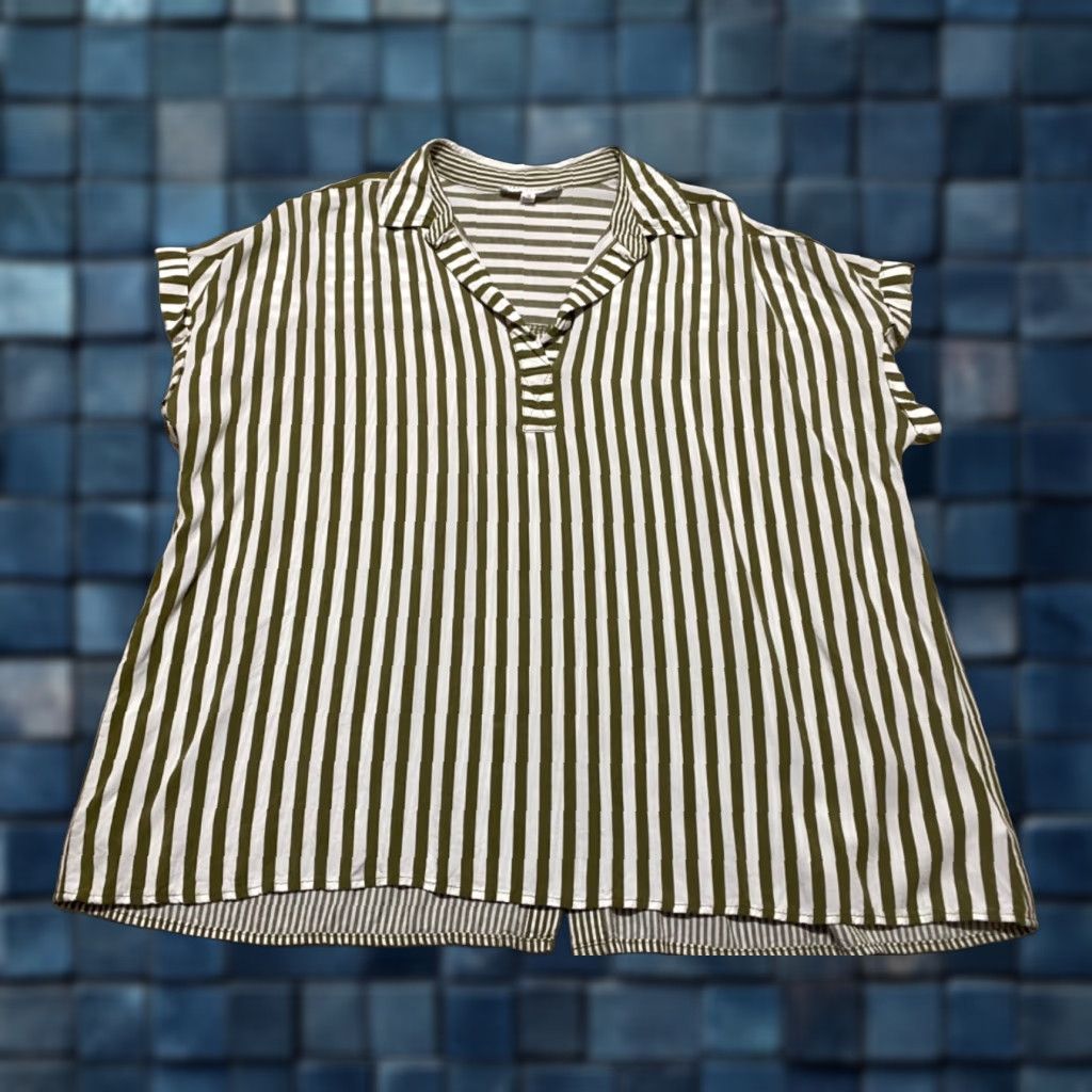 Vintage Jane and Delancey Womens 1X Plus Shirt Green Striped S/S Collared Pullover Size XL / US 12-14 / IT 48-50 - 1 Thumbnail