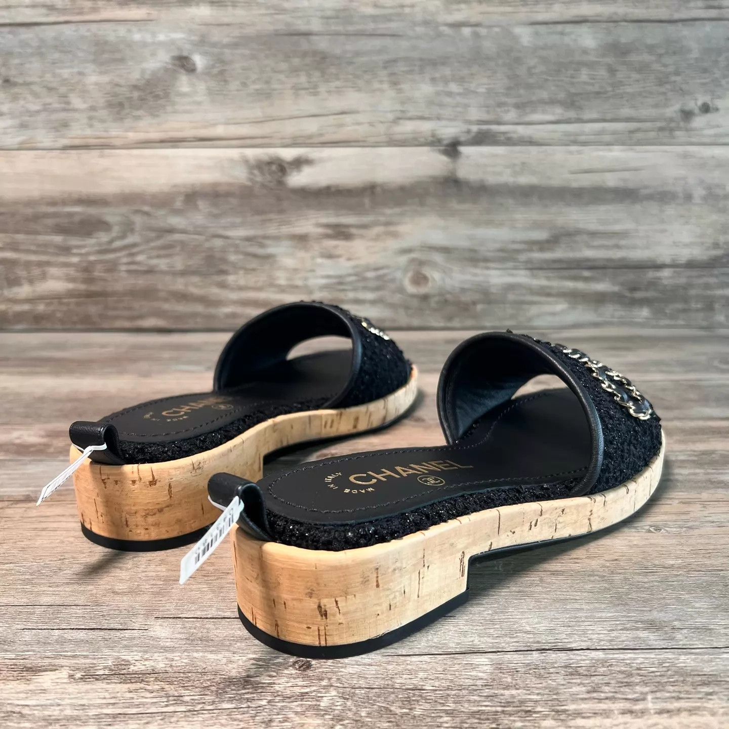 Chanel Chanel Black Chain Tweed Large Logo Slippers Size 36 Size US 5.5 / IT 35.5 - 3 Thumbnail