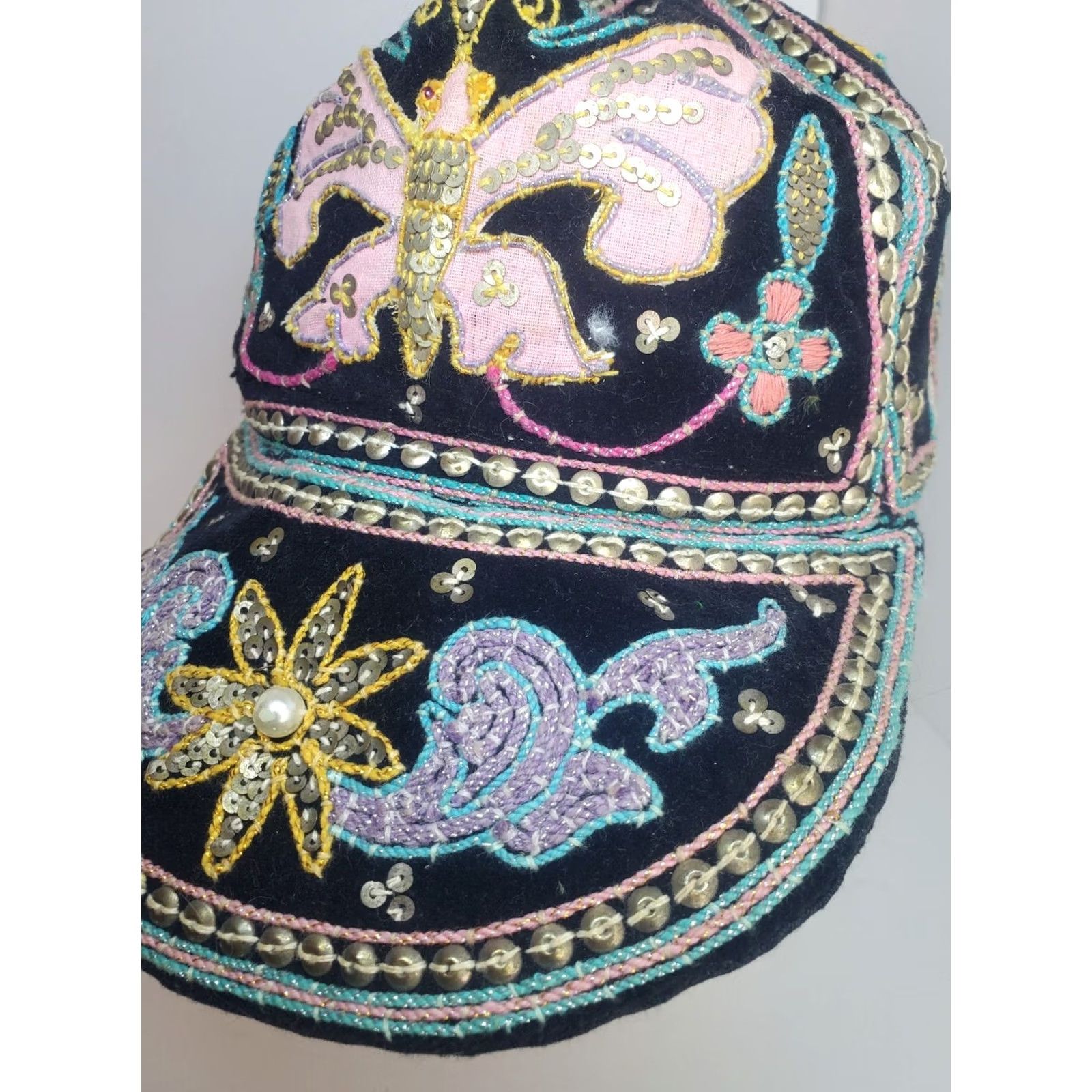 Vintage VINTAGE Beaded Aplique Wide Brim Baseball Cap Hat Burma Sz L Womens Size ONE SIZE - 2 Thumbnail