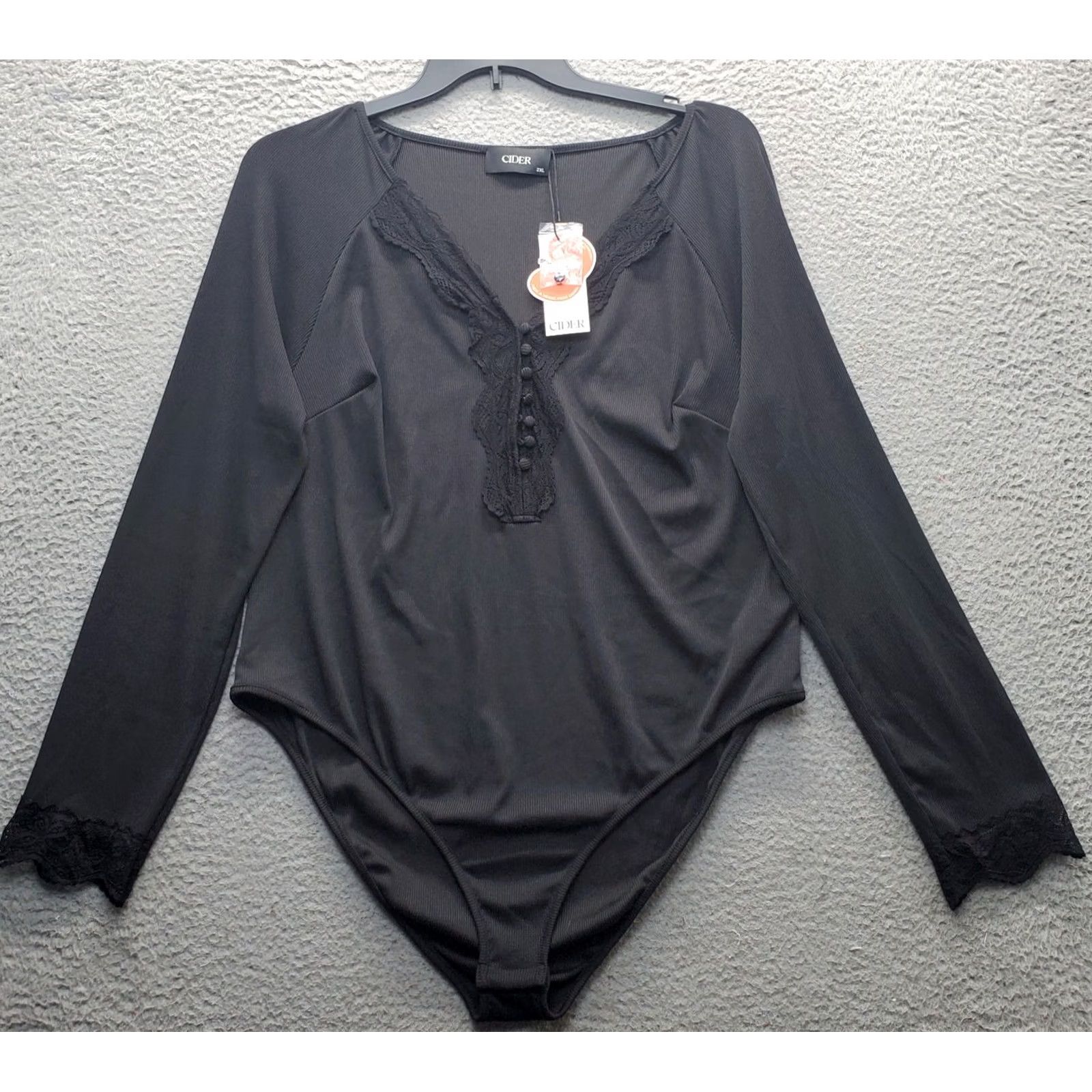 Cider Cider Bodysuit Women 2XL Black Lace Trim Stretch Long Sleeve V-Neck Button Front Womens One Piece Size XXL / US 16-18 / IT 52-54 - 2 Thumbnail