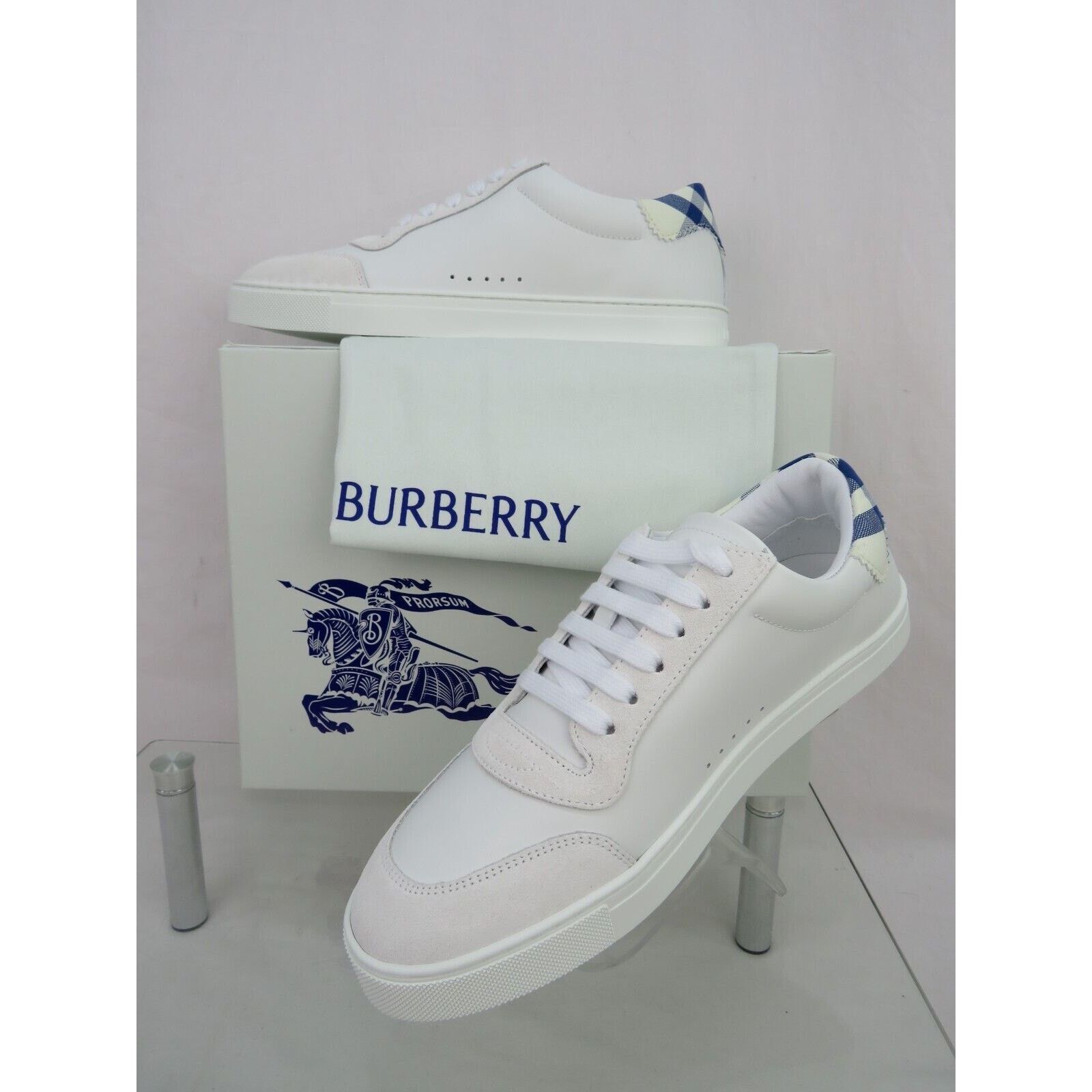 Burberry BURBERRY ROBIN WHITE BLUE CHECK LTH LOW LOGO SNEAKERS 12 45 Size US 12 / EU 45 - 12 Thumbnail