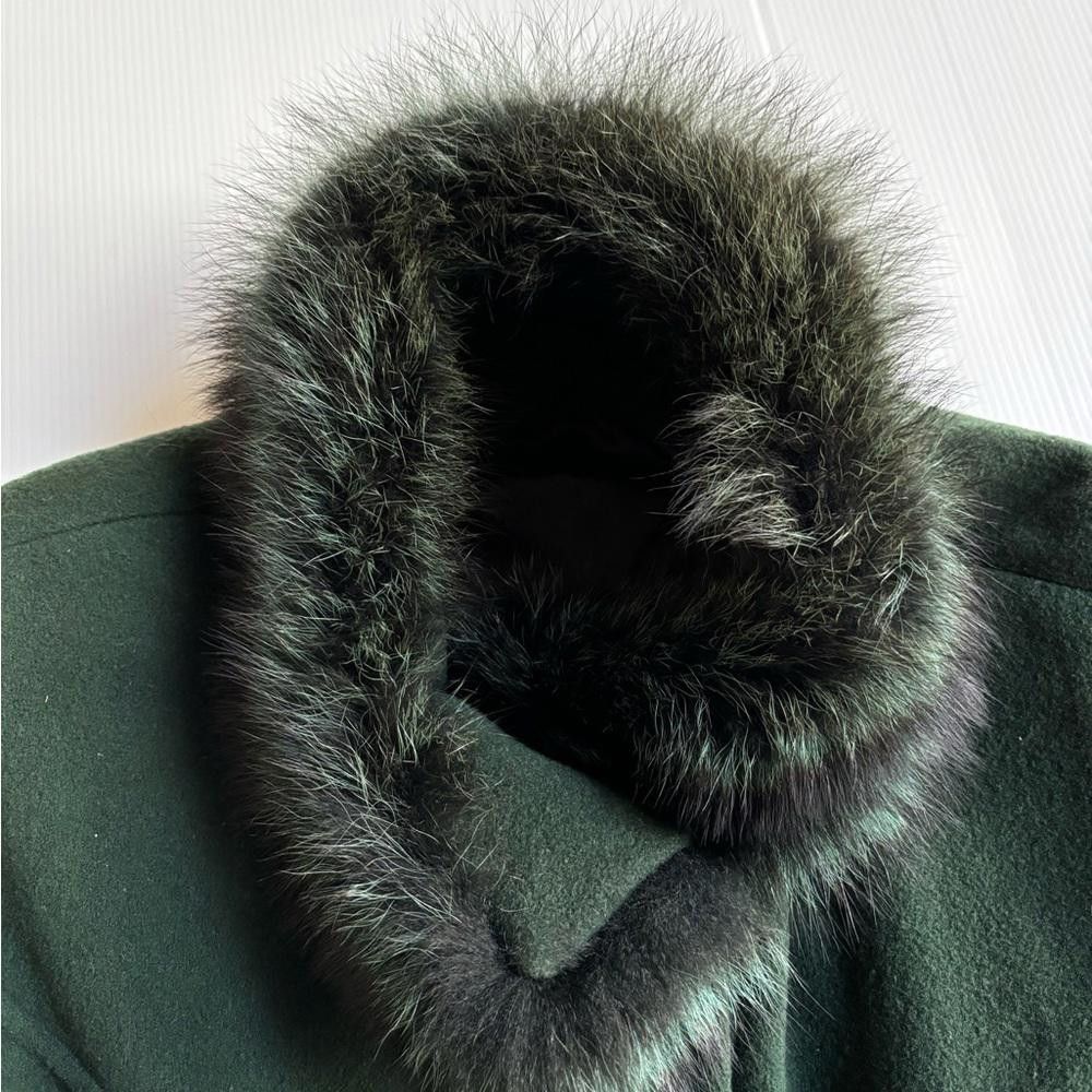 Designer Vintage Green Wool Coat with raccoon fur Size XL / US 12-14 / IT 48-50 - 3 Thumbnail