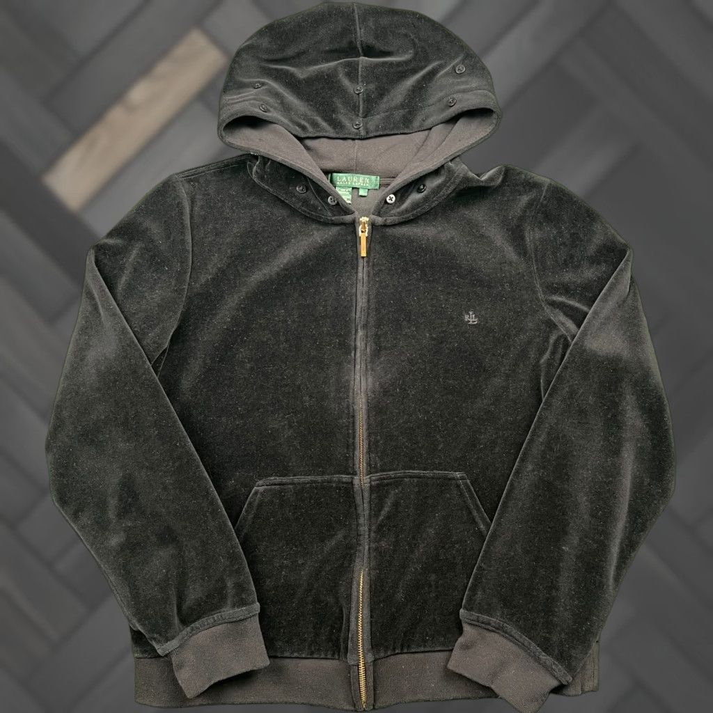 Ralph Lauren VINTAGE Lauren Ralph Lauren Velour Full Zip Hoodie Women's Large Black Y2K Size L / US 10 / IT 46 - 1 Thumbnail