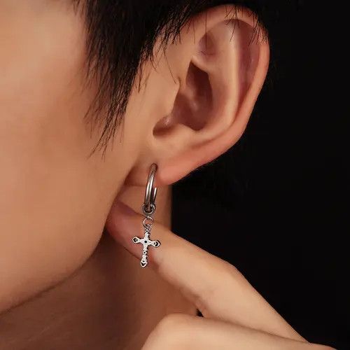Jewelry Silver Cross Dangle Hoop Earrings, Men's Gothic Jewelry Size ONE SIZE - 1 Thumbnail