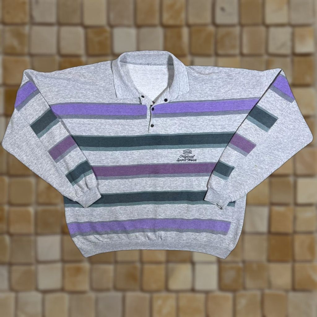 Vintage Vintage Turunc Grey Purple Blue Green Multi Striped Collared Sweatshirt XXL Men Size US XXL / EU 58 / 5 - 1 Thumbnail