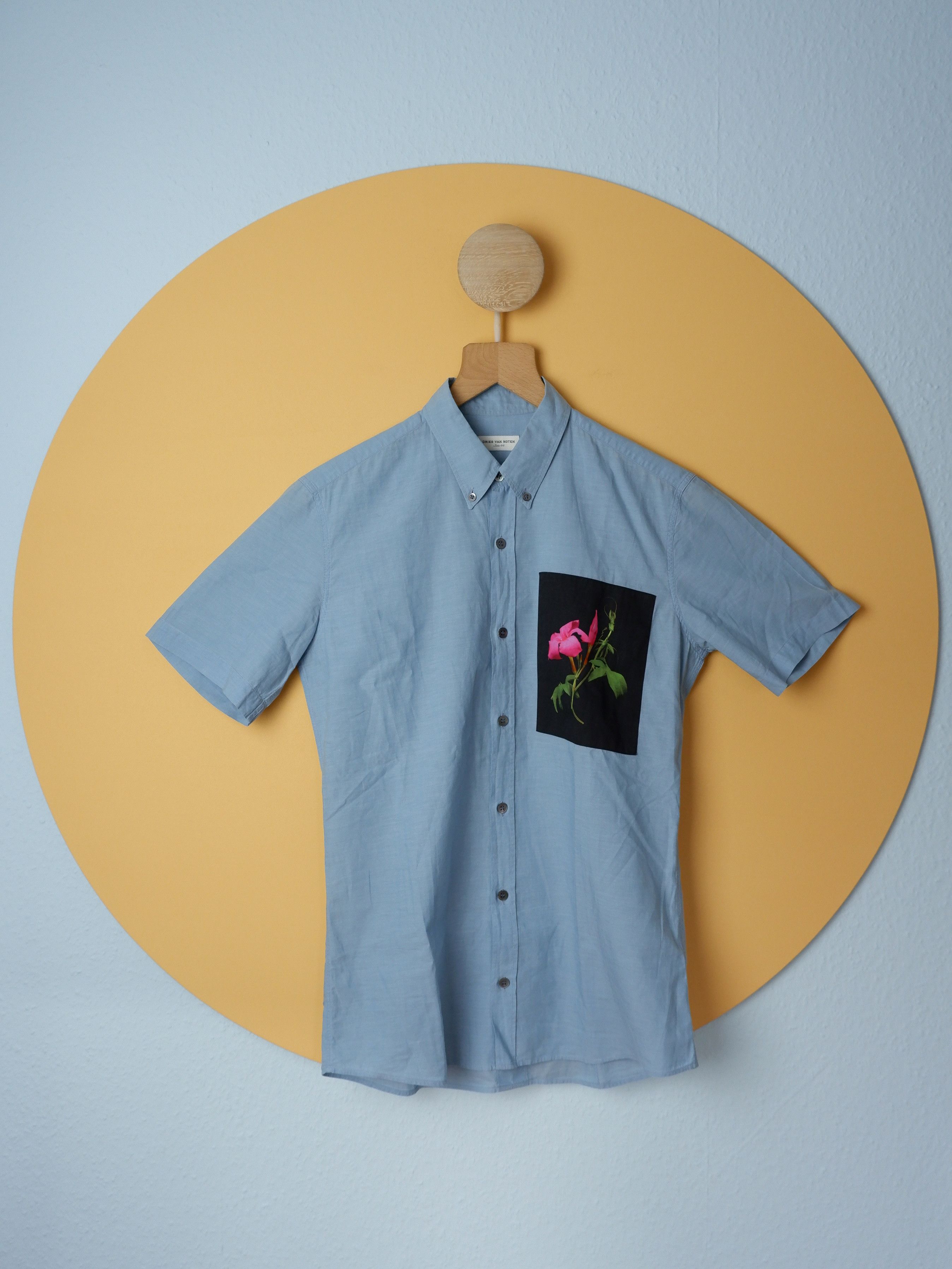 image of Dries Van Noten Shirt With Flower Patch in Dusty Blue, Men's (Size Small)