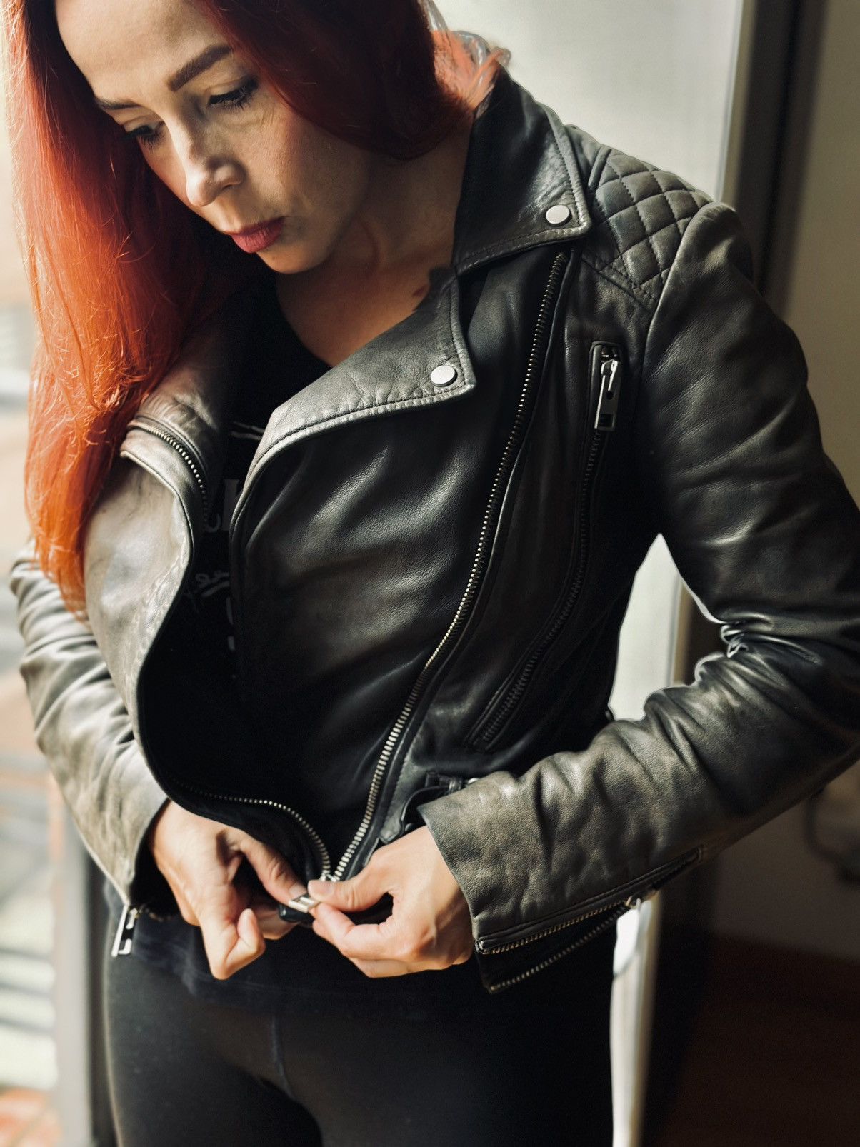 All Saints HAWKS BIKER sheepskin leather jacket us2 uk6 eu34
