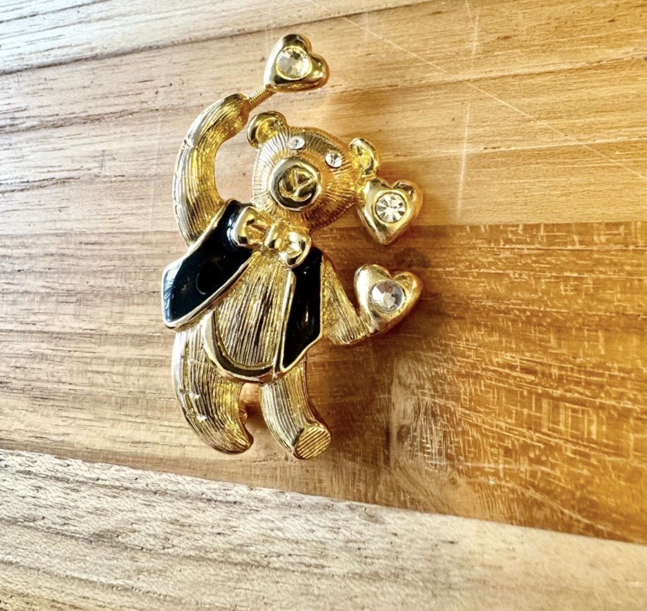 Other Vintage Gold Tone Teddy Bear Brooch Rhinestones Black Vest Size ONE SIZE - 3 Thumbnail