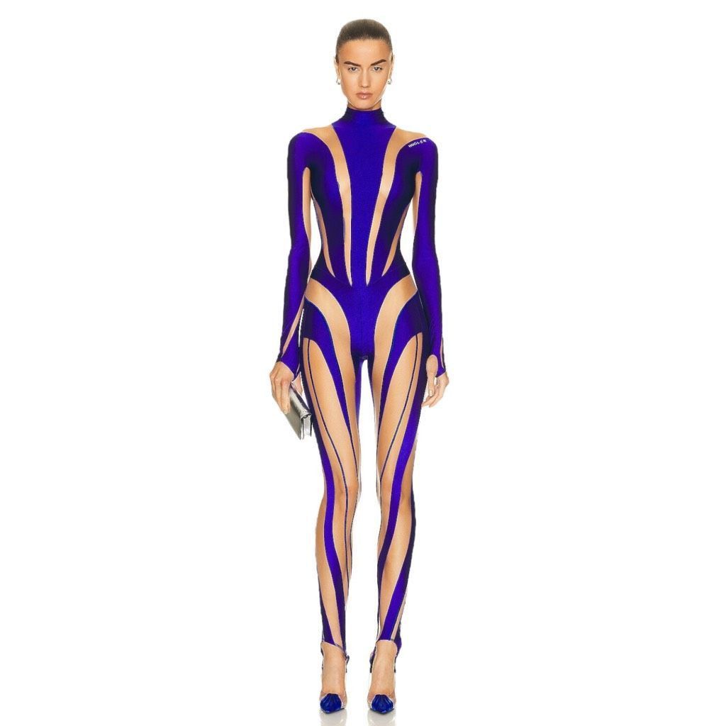image of Mugler High Neck Catsuit In Ultraviolet & Nude 01 in Purple, Women's (Size 27)