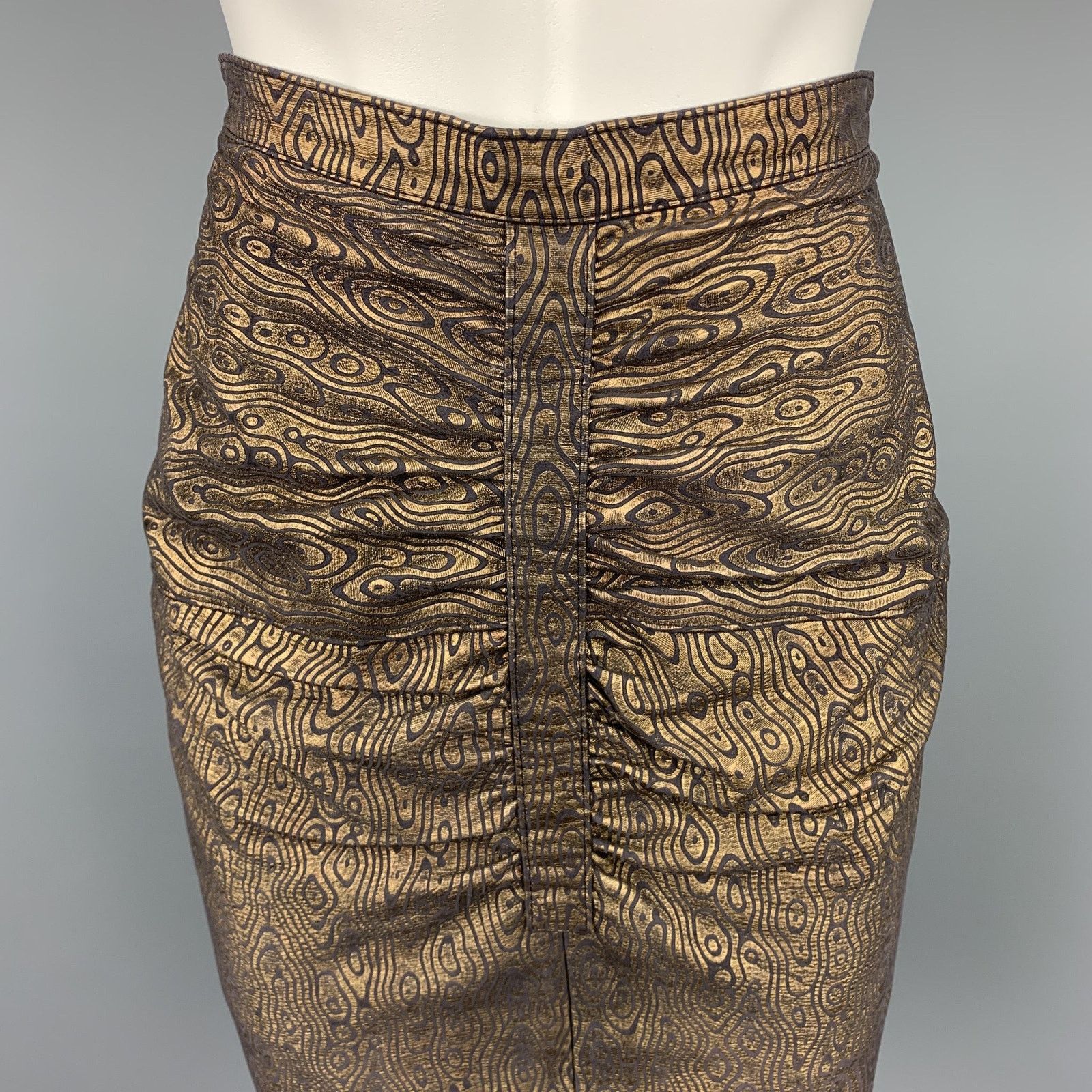 Harrods HARRODS Size 8 Black & Gold Abstract Leather Ruched Skirt Size 30" / US 8 / IT 44 - 2 Thumbnail