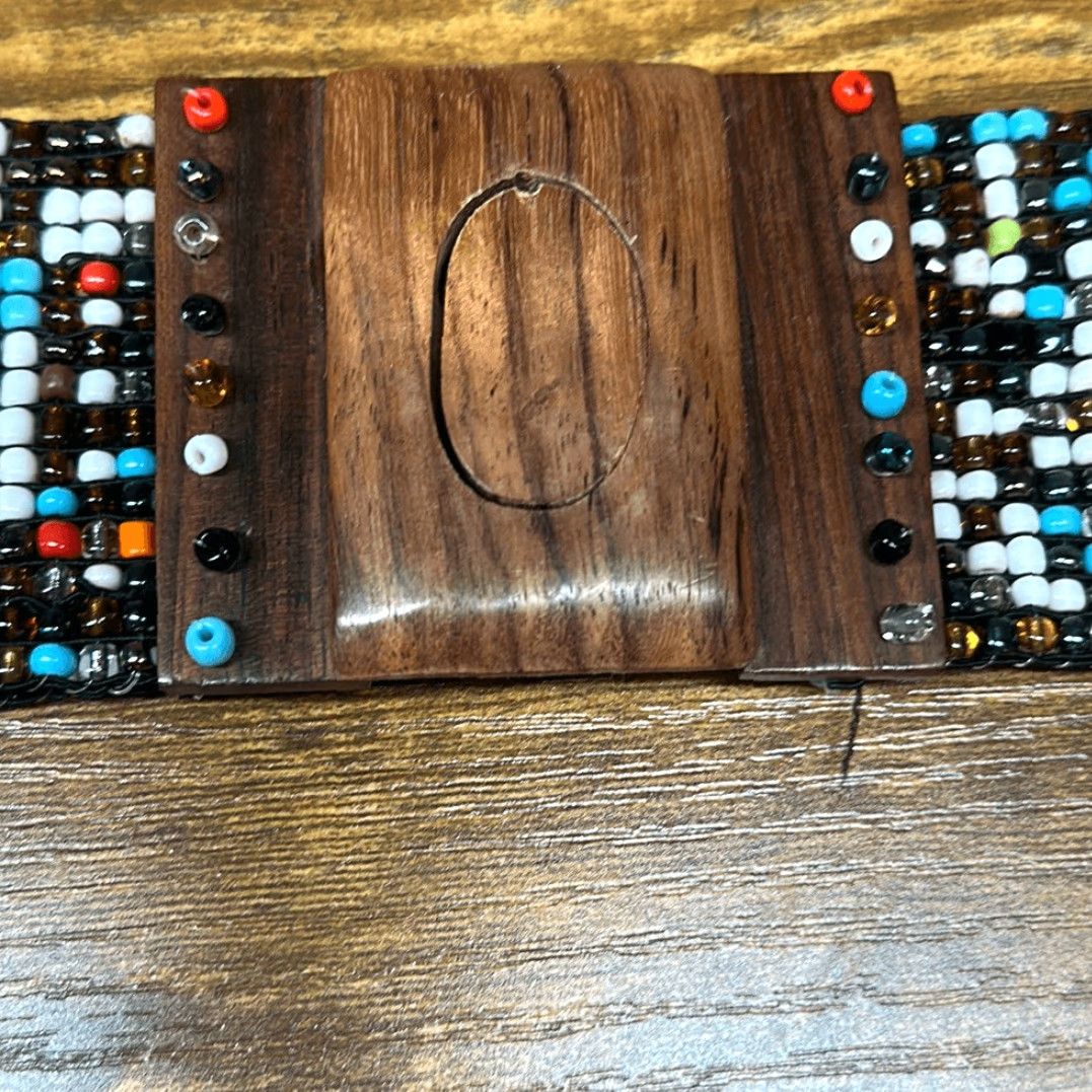 Vintage VINTAGE Women's Beaded Belt One Size Wide Wooden Hook Buckle Retro Boho Stretch Fit Brown W 2.25” Size ONE SIZE - 2 Thumbnail