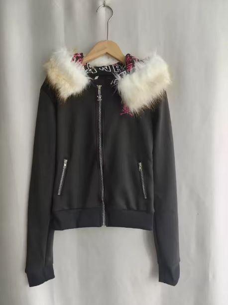 Other Y2K Black Fur Collar Zipper Sweatshirt Hoodie Size M / US 6-8 / IT 42-44 - 4 Thumbnail