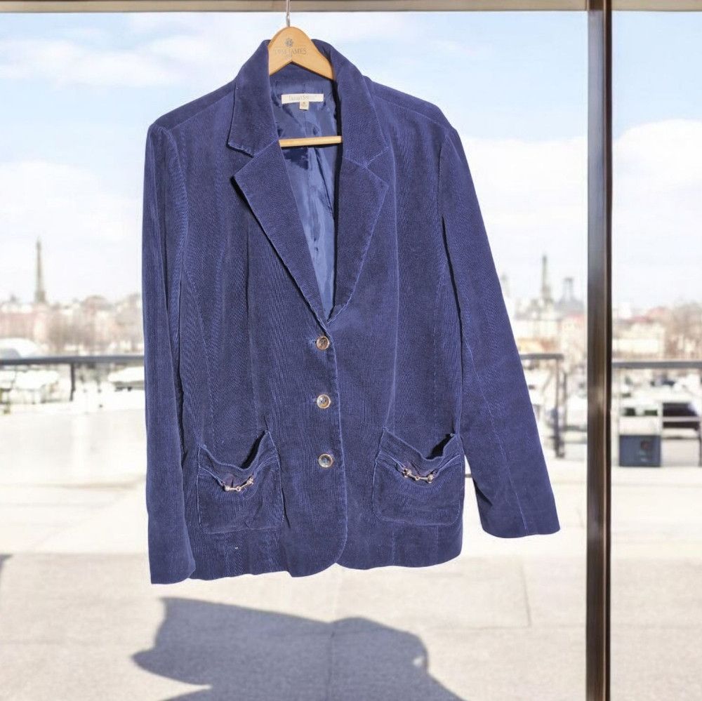 Designer Women's Blue Corduroy Blazer w Metal Buttons By Travelsmith Size XXL / US 16-18 / IT 52-54 - 1 Thumbnail